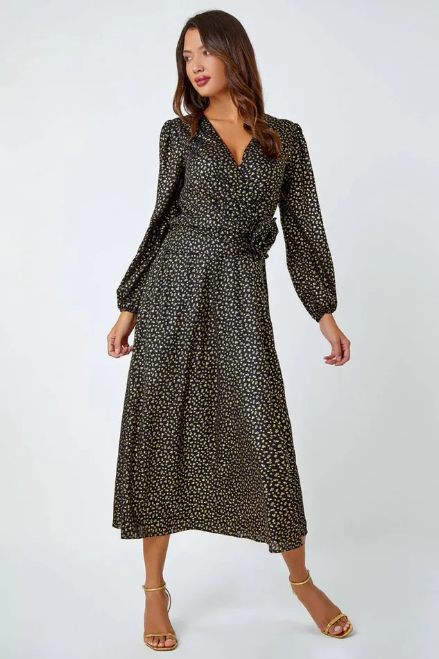 Women Black Metallic Star Print Corsage Midi Wrap Dress Roman Dresses