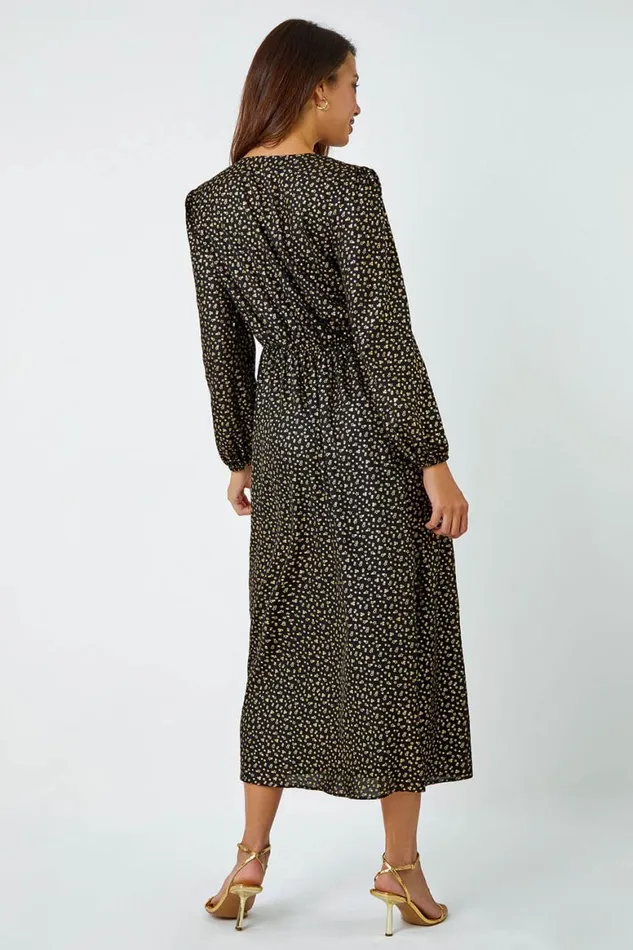 Women Black Metallic Star Print Corsage Midi Wrap Dress Roman Dresses