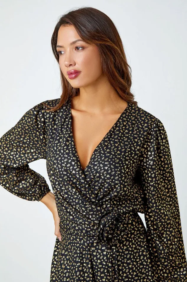 Women Black Metallic Star Print Corsage Midi Wrap Dress Roman Dresses