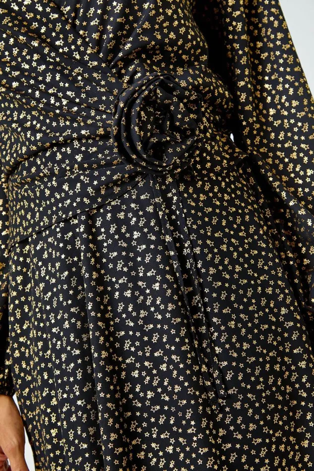 Women Black Metallic Star Print Corsage Midi Wrap Dress Roman Dresses