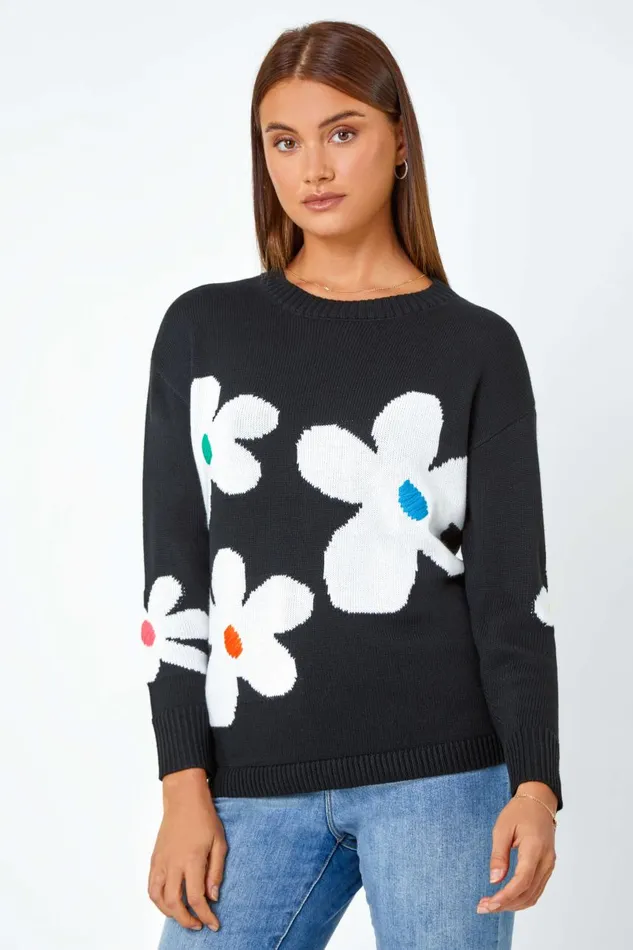 Women Black Oversized Floral Print Jumper Roman Knitwear