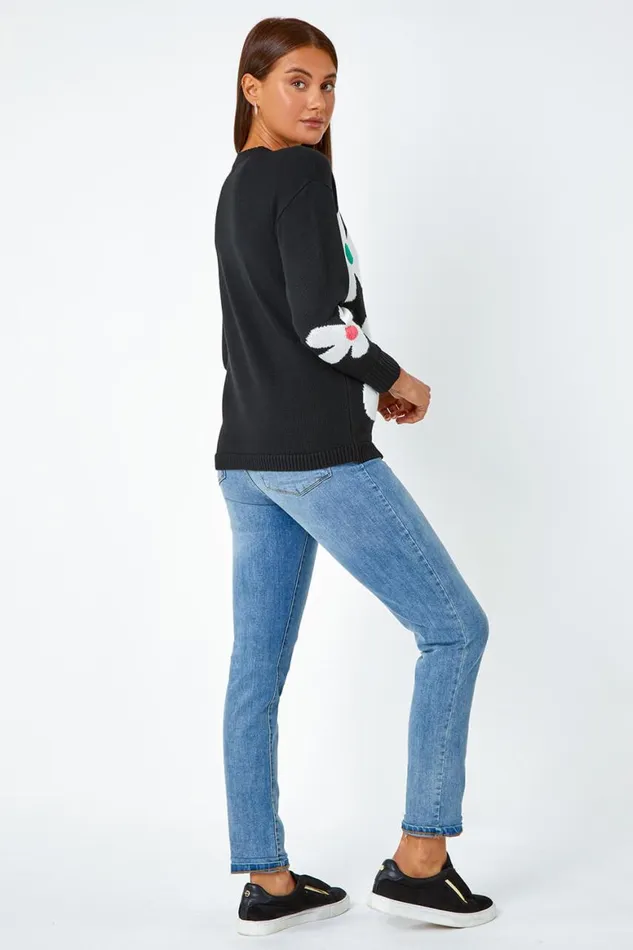 Women Black Oversized Floral Print Jumper Roman Knitwear