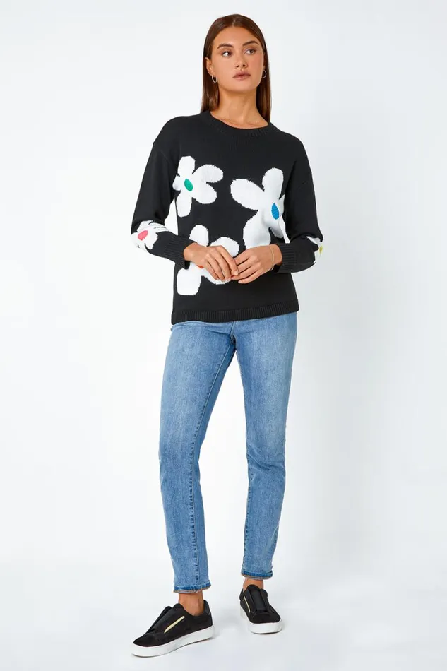 Women Black Oversized Floral Print Jumper Roman Knitwear