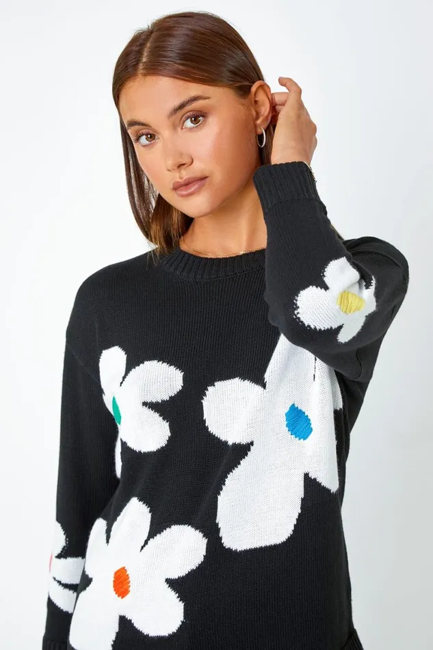 Women Black Oversized Floral Print Jumper Roman Knitwear
