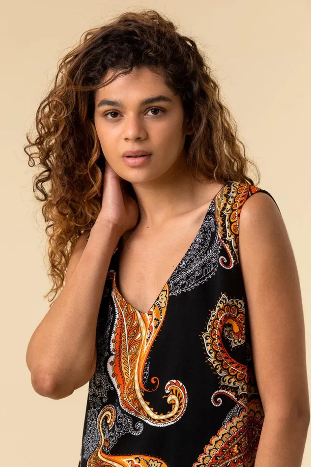Women Black Paisley Border Print Shift Dress Roman Dresses