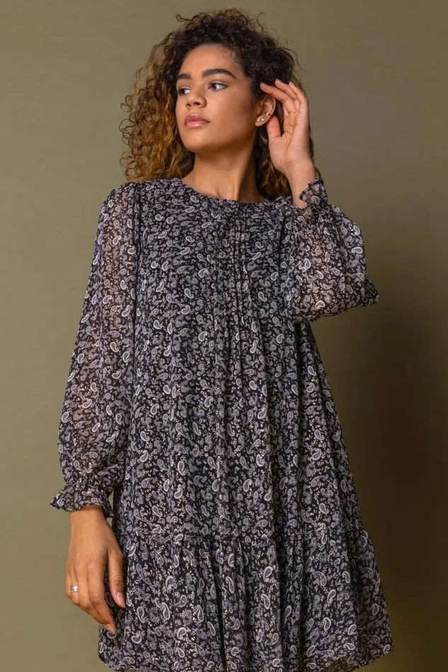 Women Black Paisley Foil Print Chiffon Tunic Dress Roman Dresses