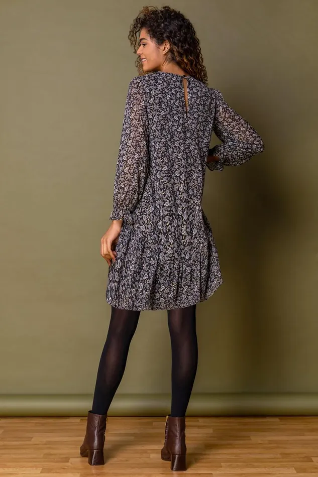 Women Black Paisley Foil Print Chiffon Tunic Dress Roman Dresses