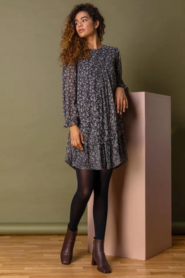 Women Black Paisley Foil Print Chiffon Tunic Dress Roman Dresses