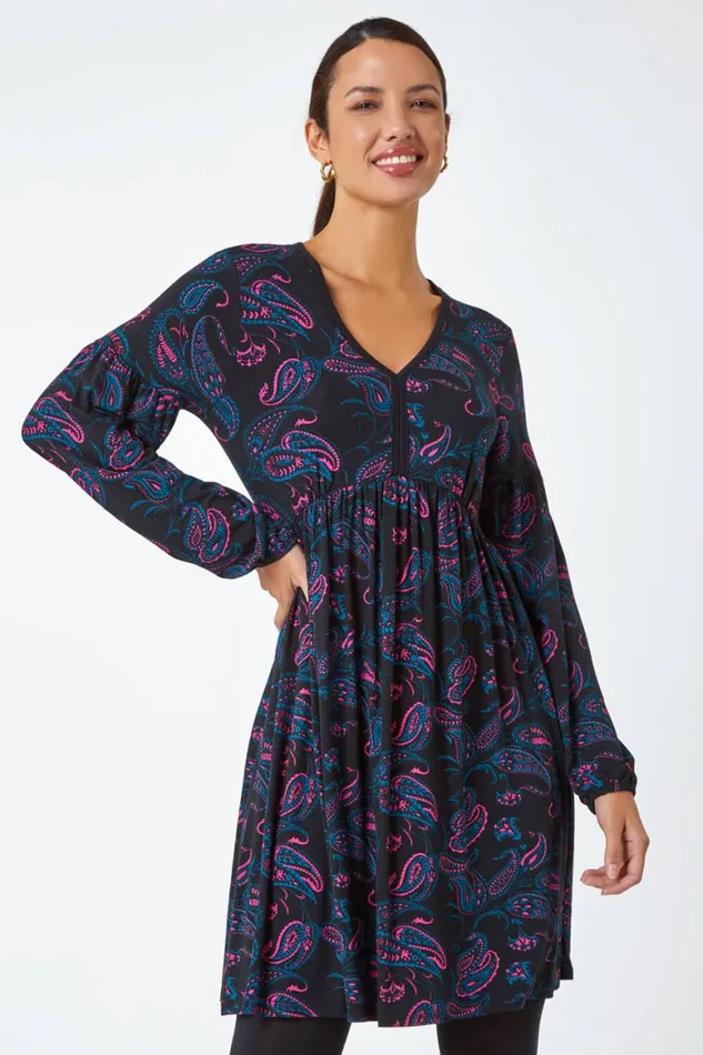 Women Black Paisley Print Stretch Jersey Dress Roman Dresses