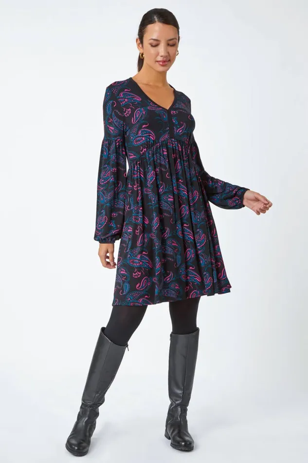 Women Black Paisley Print Stretch Jersey Dress Roman Dresses