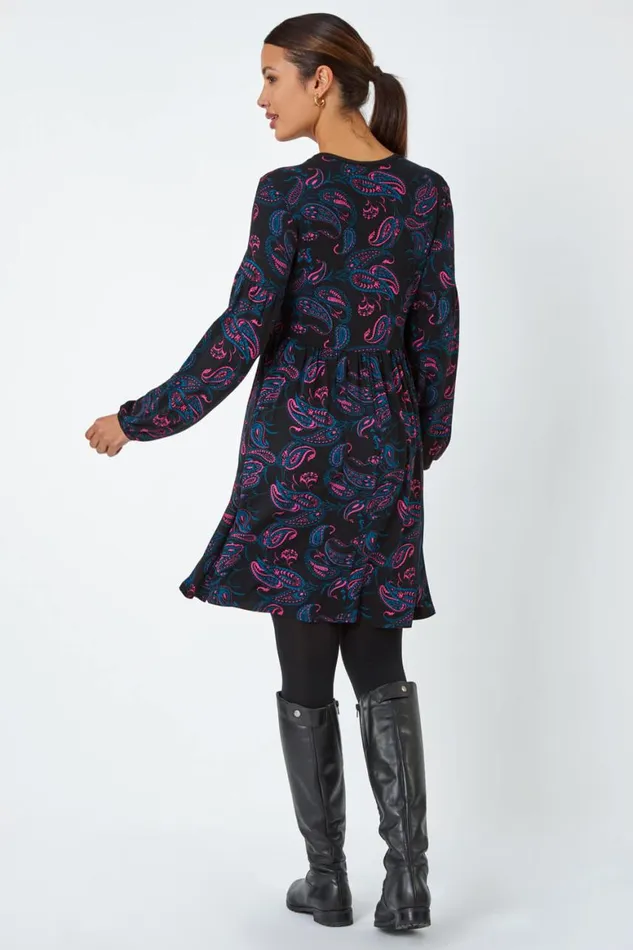 Women Black Paisley Print Stretch Jersey Dress Roman Dresses