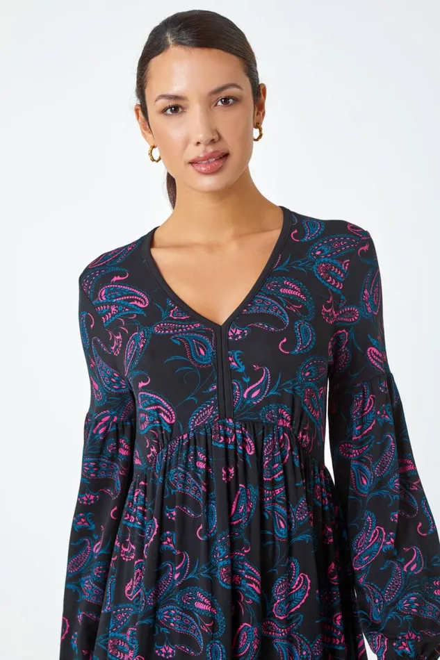 Women Black Paisley Print Stretch Jersey Dress Roman Dresses