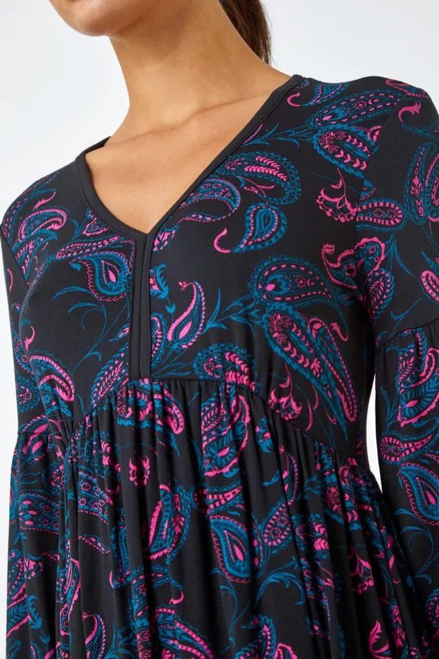 Women Black Paisley Print Stretch Jersey Dress Roman Dresses