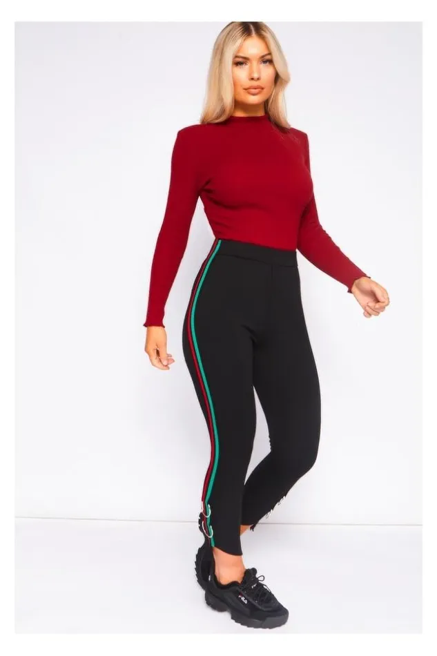 Women Black Pants Red And Green Bands Brentiny Paris Pants