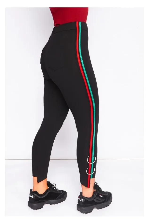 Women Black Pants Red And Green Bands Brentiny Paris Pants
