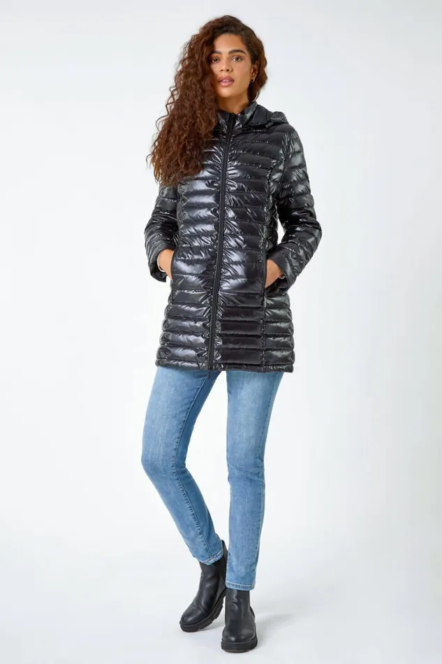 Women Black Patent Lightweight Hooded Coat Roman Coats