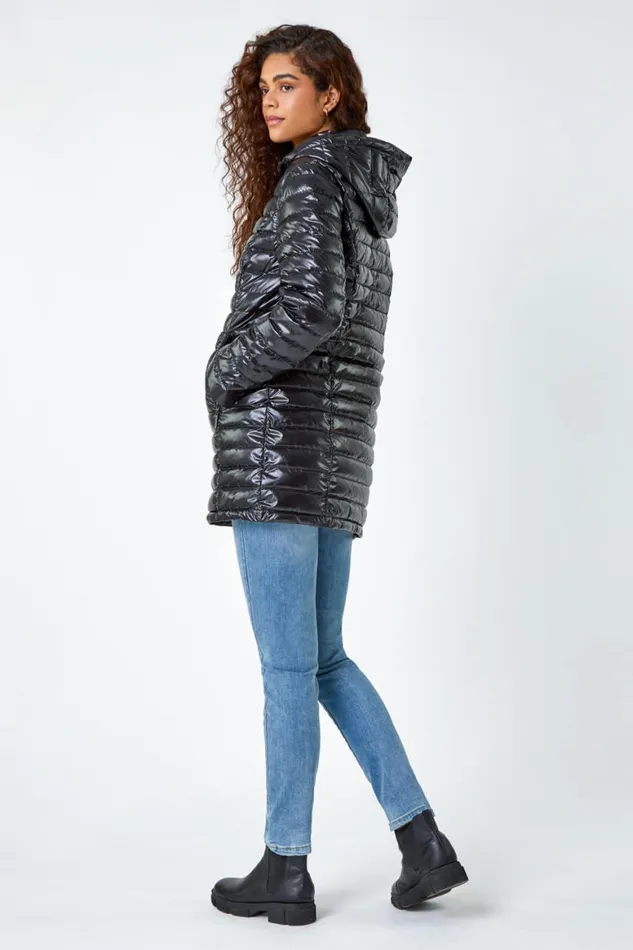 Women Black Patent Lightweight Hooded Coat Roman Coats