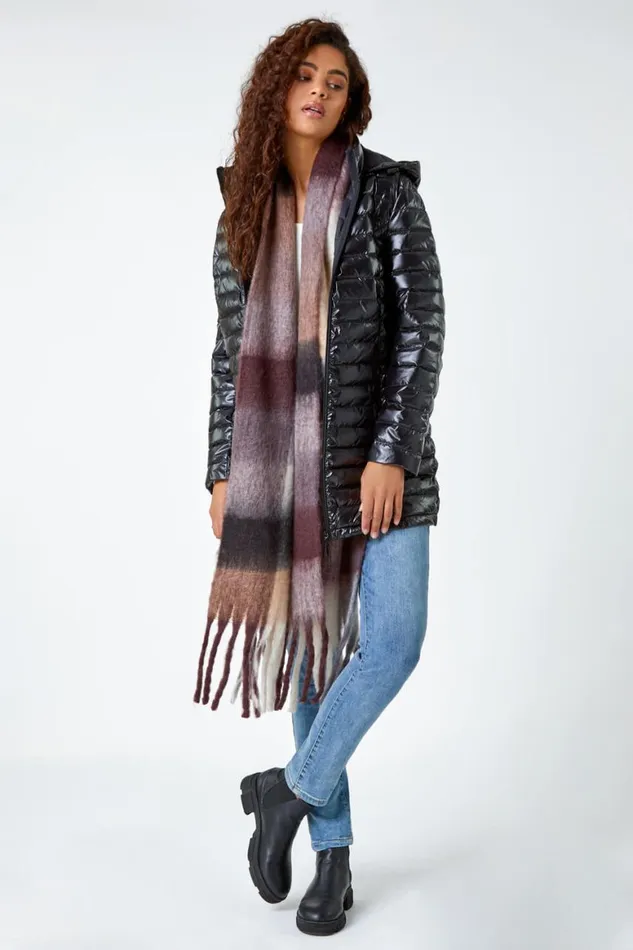 Women Black Patent Lightweight Hooded Coat Roman Coats