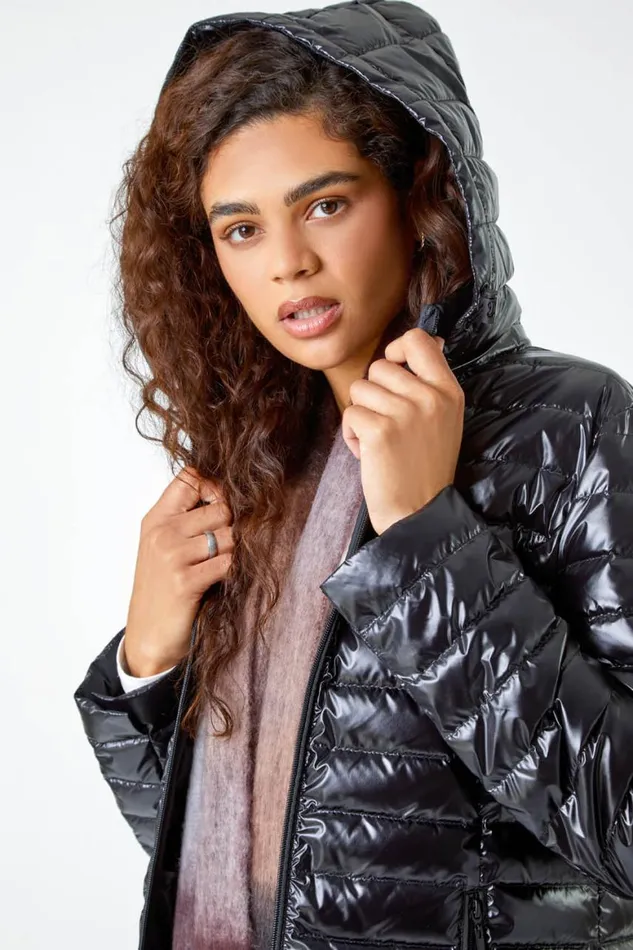 Women Black Patent Lightweight Hooded Coat Roman Coats