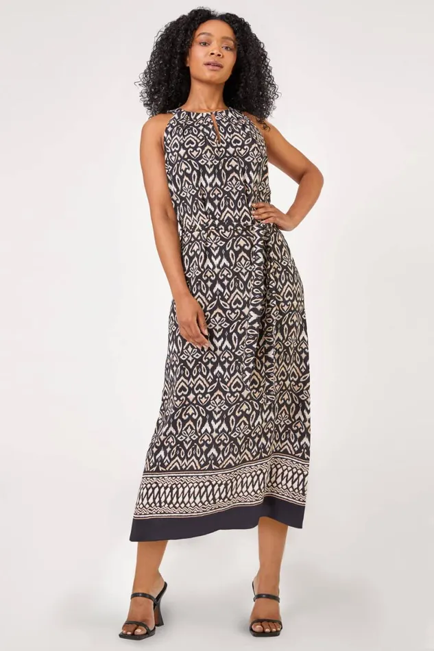 Women Black Petite Boho Border Print Halter Neck Dress Roman Dresses