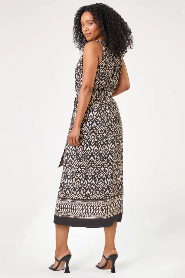 Women Black Petite Boho Border Print Halter Neck Dress Roman Dresses