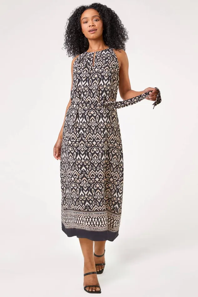 Women Black Petite Boho Border Print Halter Neck Dress Roman Dresses