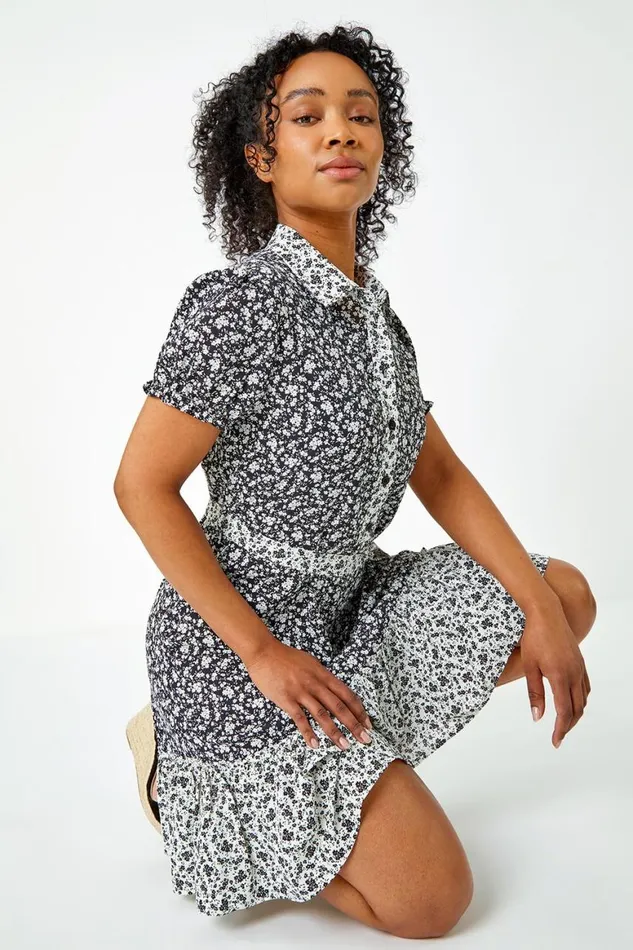 Women Black Petite Ditsy Floral Shirt Dress Roman Dresses