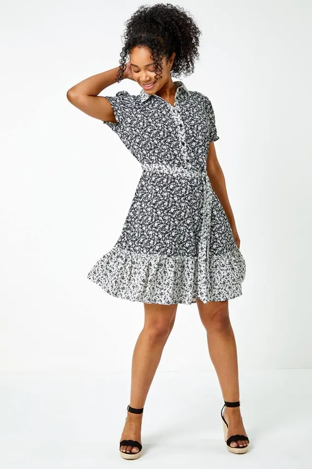 Women Black Petite Ditsy Floral Shirt Dress Roman Dresses