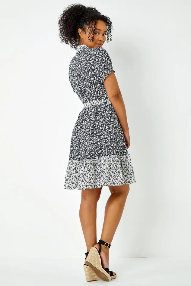 Women Black Petite Ditsy Floral Shirt Dress Roman Dresses