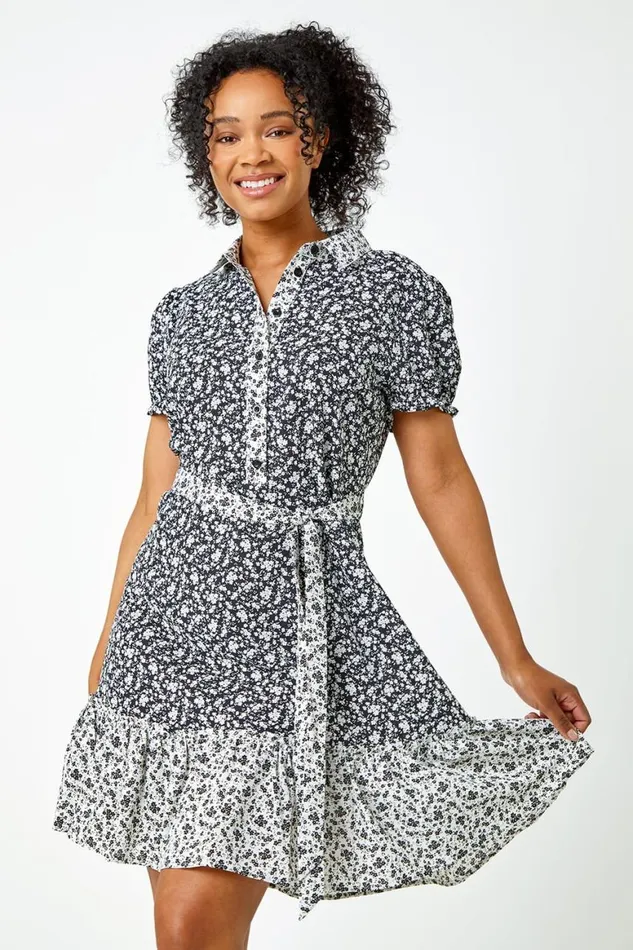 Women Black Petite Ditsy Floral Shirt Dress Roman Dresses