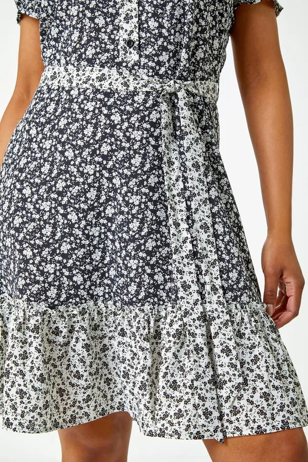 Women Black Petite Ditsy Floral Shirt Dress Roman Dresses