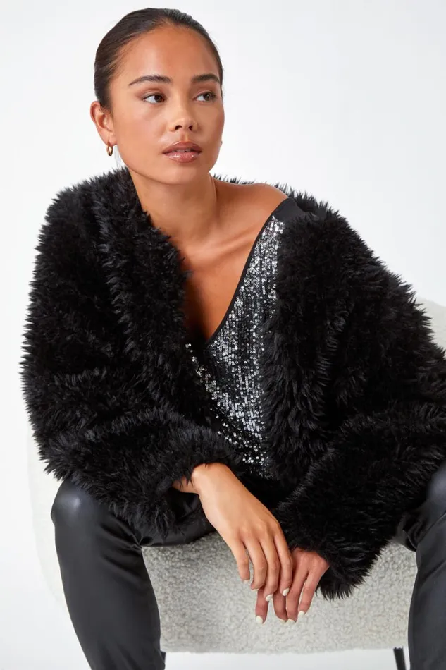 Women Black Petite Faux Fur Coat Roman Coats
