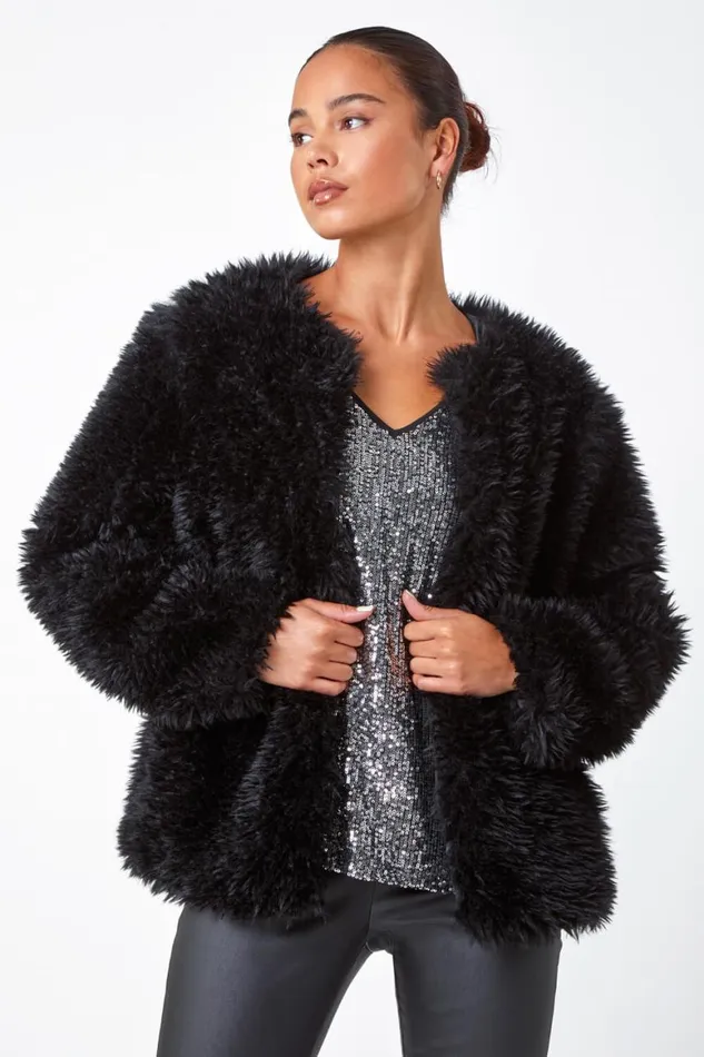 Women Black Petite Faux Fur Coat Roman Coats