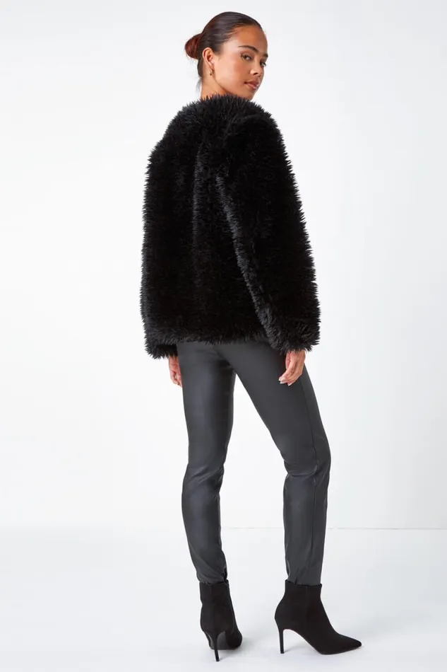 Women Black Petite Faux Fur Coat Roman Coats