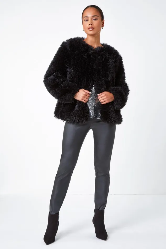 Women Black Petite Faux Fur Coat Roman Coats