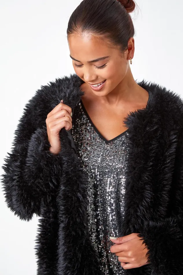 Women Black Petite Faux Fur Coat Roman Coats