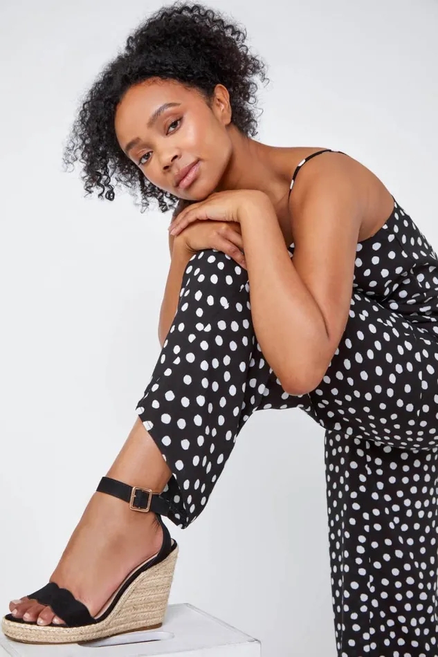 Women Black Petite Full Length Polka Dot Jumpsuit Roman Dresses