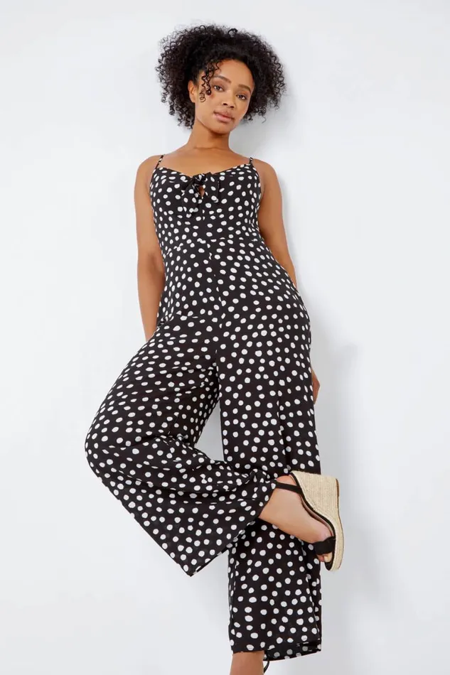Women Black Petite Full Length Polka Dot Jumpsuit Roman Dresses