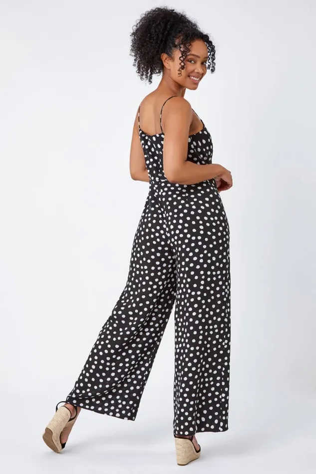 Women Black Petite Full Length Polka Dot Jumpsuit Roman Dresses