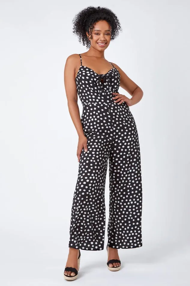 Women Black Petite Full Length Polka Dot Jumpsuit Roman Dresses