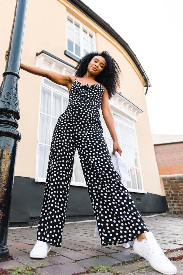 Women Black Petite Full Length Polka Dot Jumpsuit Roman Dresses