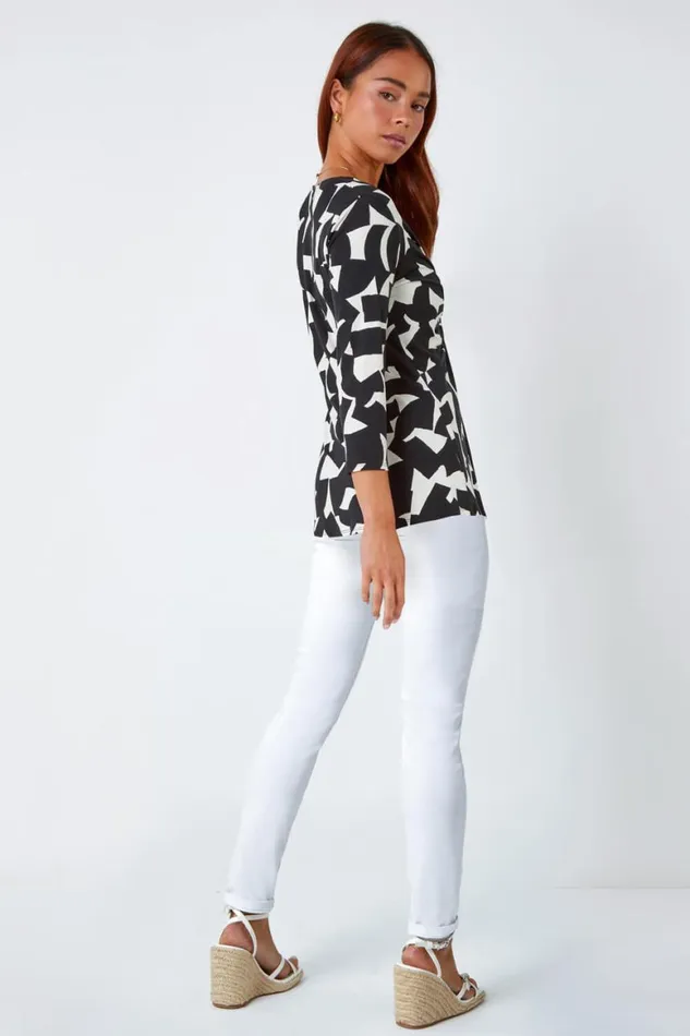 Women Black Petite Geometric Print VNeck Stretch Top Roman Tops