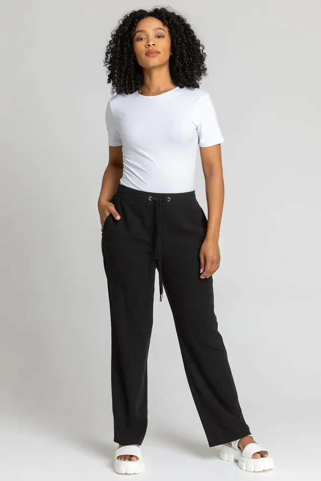 Women Black Petite Linen Elastic Waist Tie Front Trousers Roman Trousers
