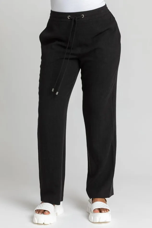 Women Black Petite Linen Elastic Waist Tie Front Trousers Roman Trousers