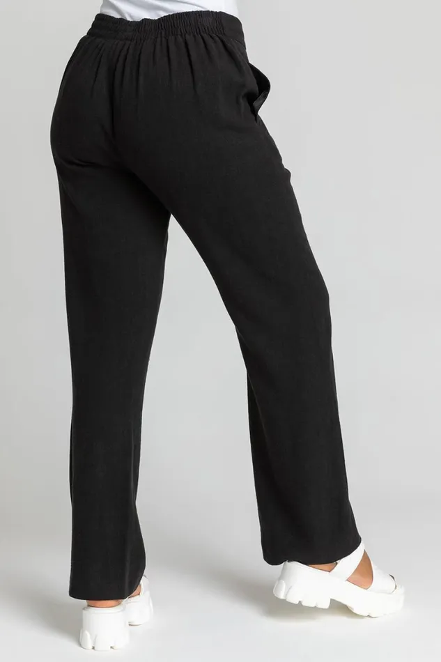 Women Black Petite Linen Elastic Waist Tie Front Trousers Roman Trousers