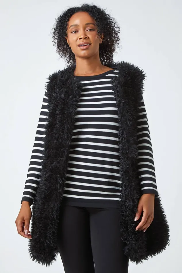 Women Black Petite Longline Faux Fur Gilet Roman Coats