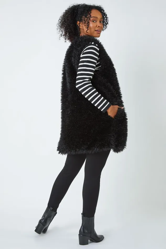 Women Black Petite Longline Faux Fur Gilet Roman Coats