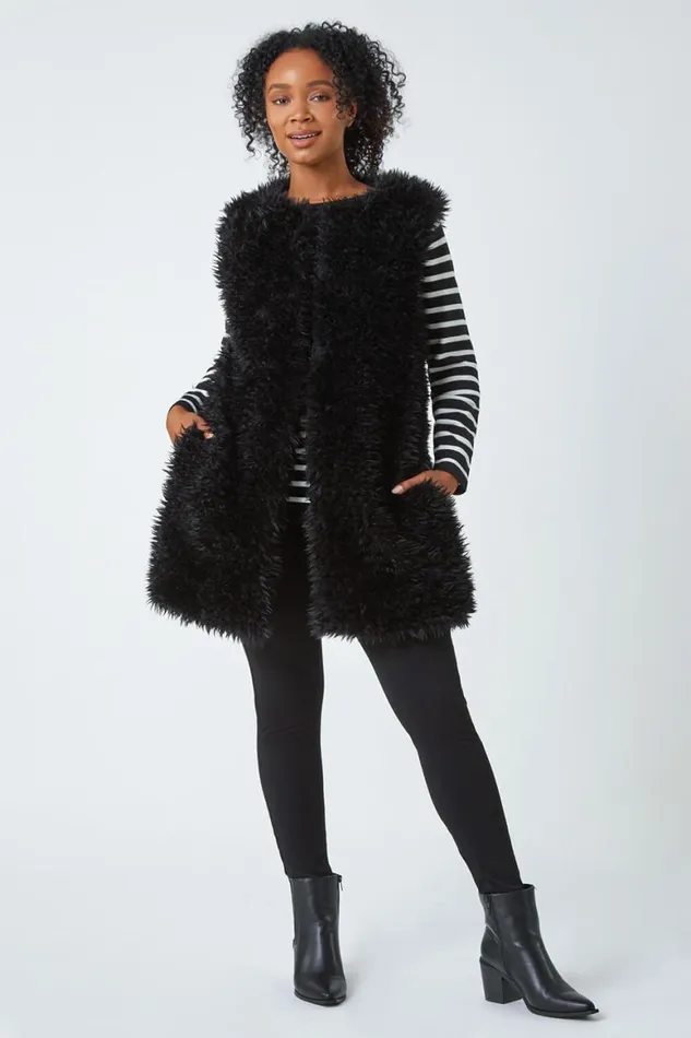 Women Black Petite Longline Faux Fur Gilet Roman Coats