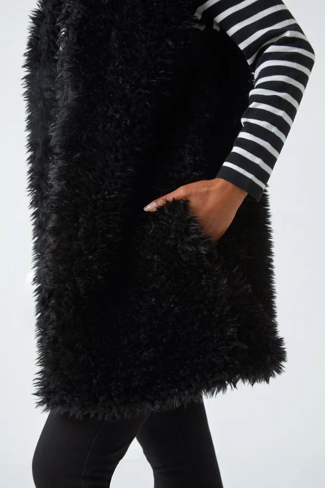 Women Black Petite Longline Faux Fur Gilet Roman Coats