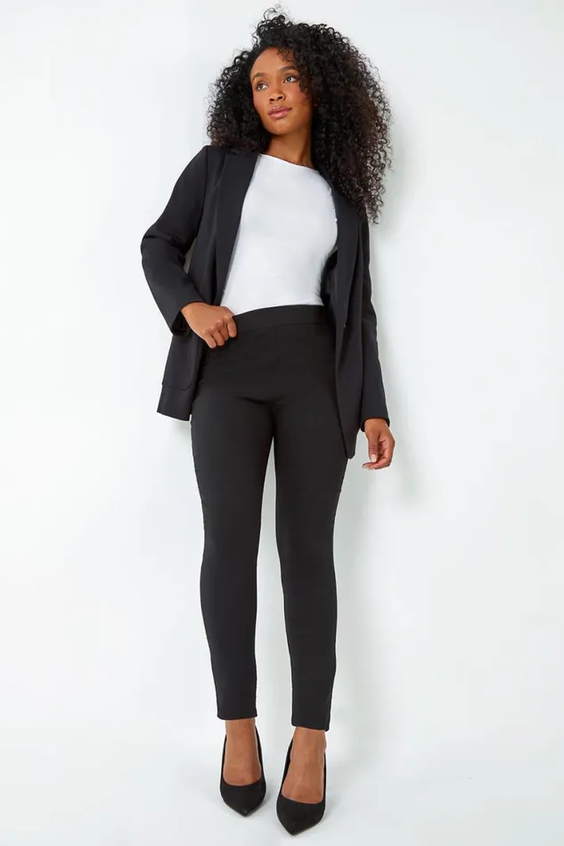Women Black Petite Mock Pocket Stretch Trouser Roman Trousers
